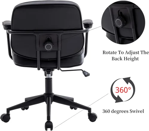 Miniatura 7 de LukeAlon Silla de escritorio ajustable de piel sintética, silla giratoria de 360° negra con reposabrazos, asiento grueso, botones y ruedas