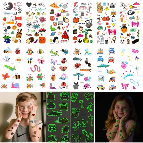 Miniatura 5 de Xmasir 210 Piezas Tatuajes Temporales para Niños, Estilos Mixtos Tatuajes que Brillan en la Oscuridad Pegatinas para Niños y Niñas Flor Mariposa