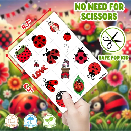 Miniatura 5 de 96 tatuajes temporales precortados de mariquita para niños, lindos tatuajes de insectos de Lady Beetle, recuerdos de fiesta, decoraciones