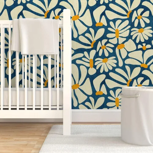 Miniatura 6 de Spoonflower Despegar y pegar papel tapiz Swatch - Retro Daisy Flower Power Blue Floral Vintage Groovy 70S 60S Papel pintado extraíble personalizado