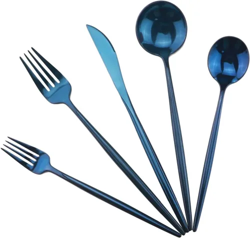 Miniatura 12 de Juego de cubiertos portátiles, juego de cubiertos de 5 piezas, acero inoxidable 18/10, pulido de espejo, negro, utensilios modernos y elegantes
