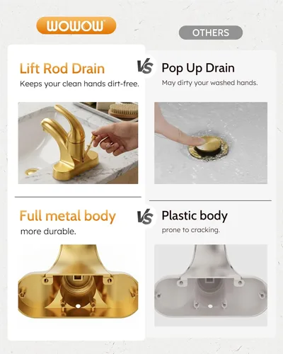 Miniatura 3 de WOWOW Grifo de baño de 4 pulgadas de un solo mango para fregadero de baño, llave de tocador de oro cepillado con conjunto de drenaje de barra