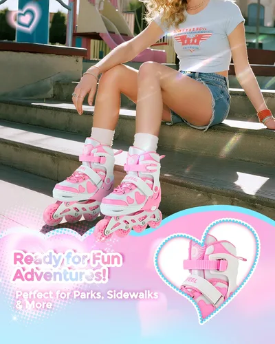 Miniatura 2 de SULIFEEL Love Hearts - Patines en línea ajustables de 4 tamaños para niñas con pompones esponjosos, ruedas iluminadas de 3 a 12 años, regalo de Rosa