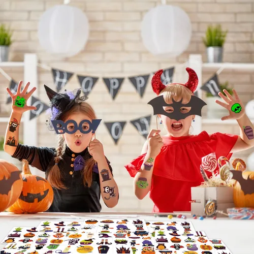 Miniatura 6 de 600 tatuajes temporales de Halloween para niños, varios colores y que brillan en la oscuridad, calcomanías de tatuajes para fiestas de Halloween