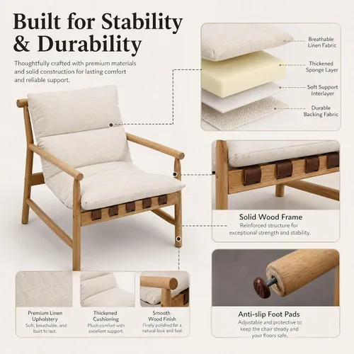 Miniatura 4 de Silla de acento de lino con diseño moderno de mediados de siglo, sillas de sala de estar cómodas con brazos, silla de lectura tapizada con marco