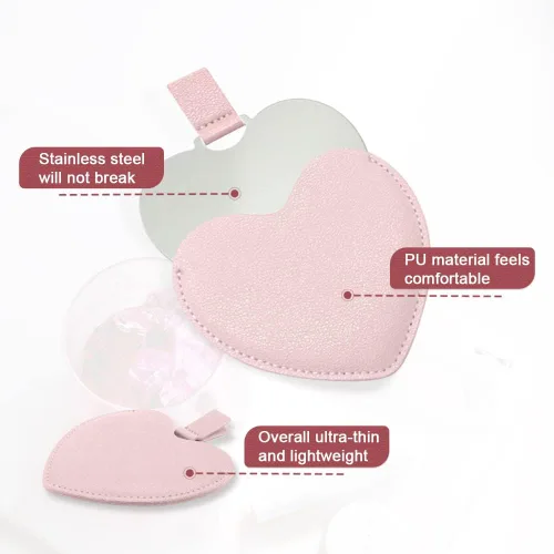 Miniatura 4 de Espejo compacto de acero inoxidable, espejo de bolsillo inastillable en forma de corazón con funda de piel sintética, mini espejo irrompible