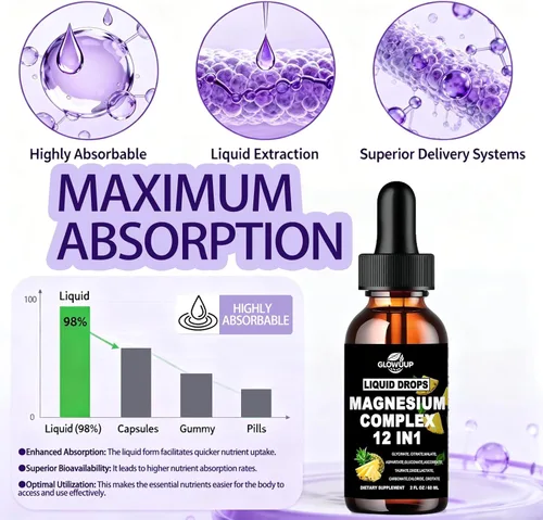 Miniatura 5 de Complejo de magnesio 12 en 1, suplemento de 1000 mg para mujeres y hombres, magnesio líquido de alta absorción con citrato de glicinato, malato