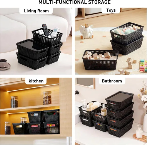 Miniatura 8 de Cestas de almacenamiento de plástico con tapa, contenedores de almacenamiento para organizar, contenedores decorativos apilables para estantes, Negro