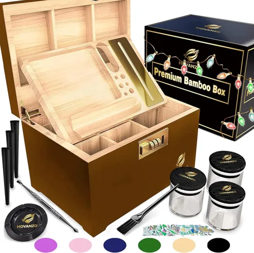 Caja de almacenamiento grande de bambú premium con bandeja extraíble, caja de madera de almacenamiento para hierbas y accesorios, juego de caja de