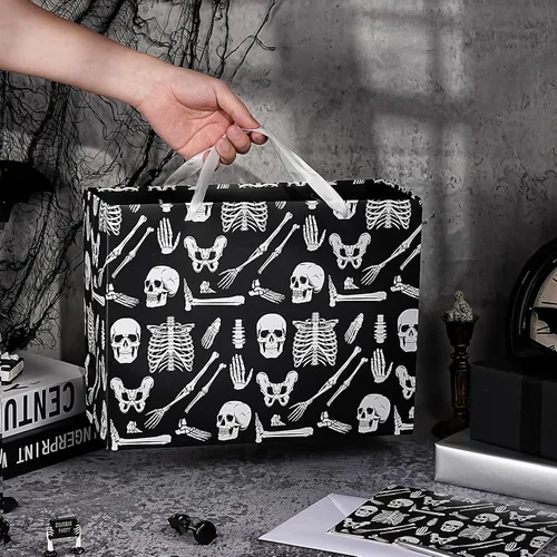 Miniatura 5 de WRAPAHOLIC Bolsa de regalo grande de esqueleto de Halloween con papel de seda y tarjeta, 10 x 5 x 13 pulgadas, bolsa de papel de esqueleto