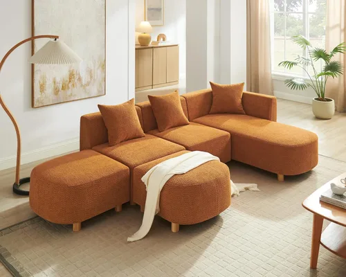 Miniatura 10 de VANOMi 279 cm Sofá modular seccional con 3 almohadas, cómodo sofá de chenilla en nube convertible de 5 plazas con reposapiés, sofás seccional