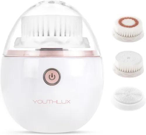 YouthLab Pure Radiance, cepillo de limpieza facial vibratorio, eléctrico, 3 modos, 3 cabezales de cepillo (2 cerdas, 1 silicona), impermeable, Oro