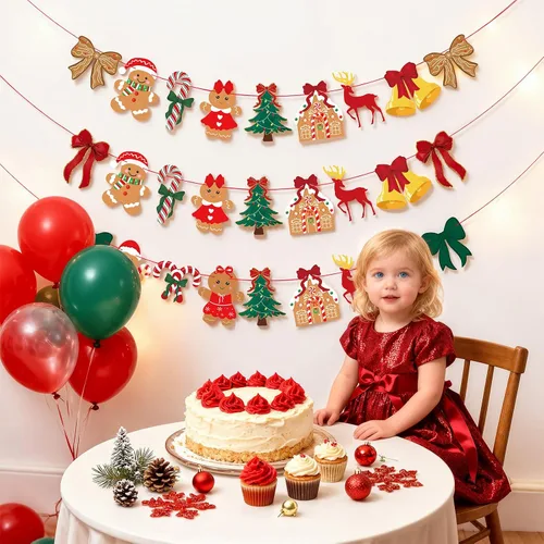 Miniatura 5 de 3 unidades de pancarta de Navidad con lazo vintage, lazos verdes y rojos, árbol de Navidad, árbol de Navidad, hombre de jengibre, guirnalda