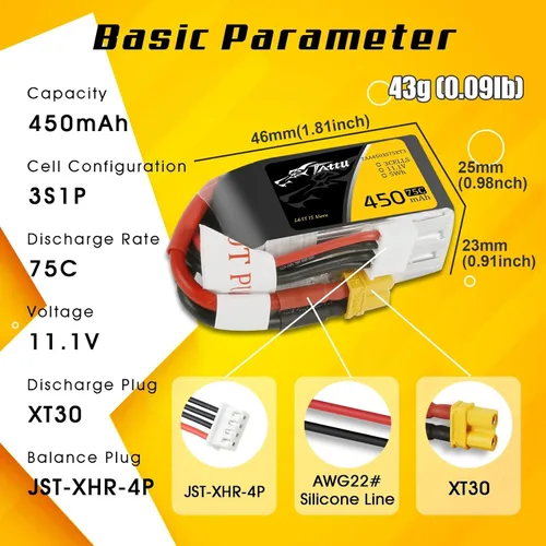 Miniatura 2 de TATTU Batería LiPo de 11.1V 3S 450mAh 75C con enchufe XT30 (2 piezas)