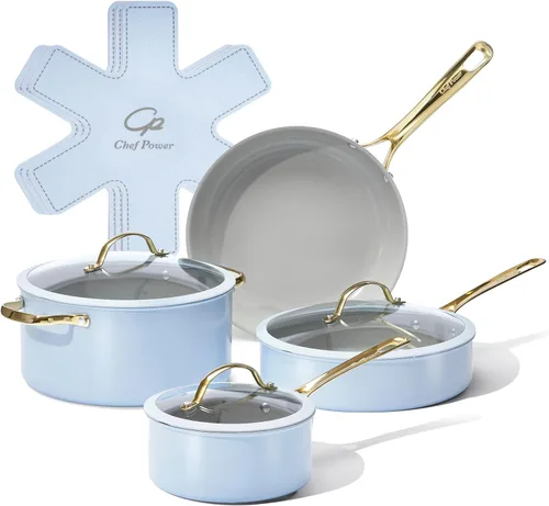 Chef Power Juego de utensilios de cocina de cerámica, 10 ollas y sartenes antiadherentes, juego de utensilios de cocina con mango de acero Azul