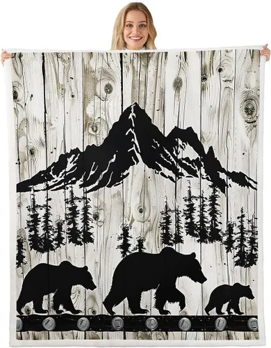 Manfei Manta de oso negro con silueta de árbol para sofá, manta de cama temática de aventura de montaña para niños y adolescentes, decoración de