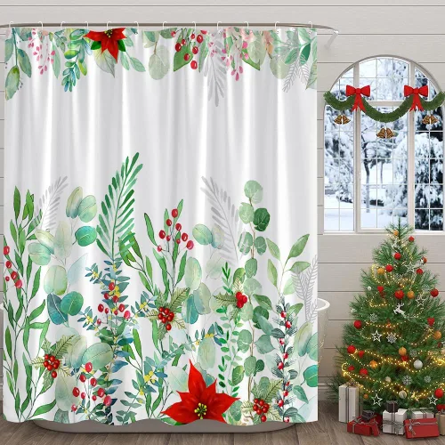 Miniatura 13 de Cortina de ducha pequeña, diseño de pájaro rojo de Navidad, ramas de pino, copo de nieve, vacaciones de invierno, festival de Navidad, azul