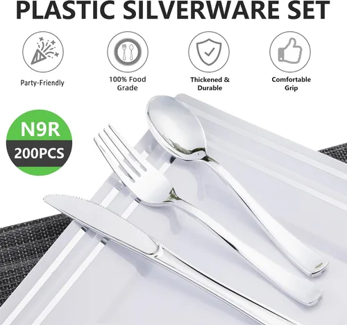 Miniatura 4 de N9R 200 piezas de cubiertos de plástico dorado desechables - Juego de cubiertos de plástico dorado, 100 tenedores, 50 cucharas, 50 cuchillos