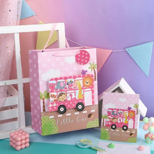 Miniatura 3 de LeZakaa Bolsa de regalo rosa de 1er cumpleaños para niños y niñas, bolsa de regalo de 13 pulgadas con papel de seda, etiqueta de regalo y tarjeta
