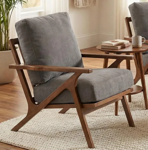Miniatura 16 de HNY Mid-Century - Silla decorativa tapizada moderna, sillón de tela de lino con marco de madera maciza, cómoda silla de descanso con almohada