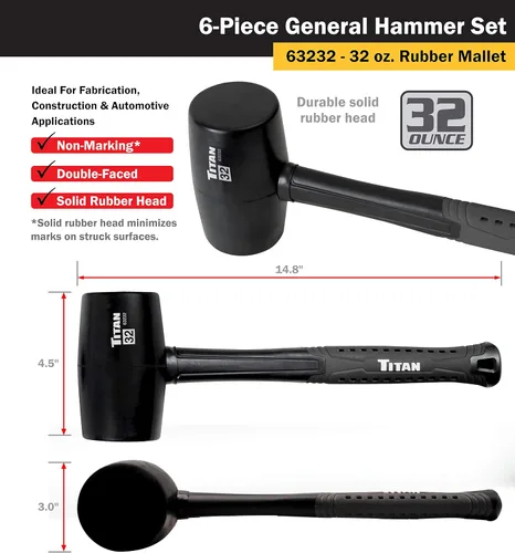 Miniatura 8 de Titan 63136 - Juego de martillos de 6 piezas, incluye 16 onzas y 32 onzas, mazo de goma de 32 onzas, martillo de 3 libras, golpe muerto de 2 libras