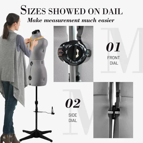 Miniatura 7 de Formas de vestido para costura, maniquí femenino gris ajustable talla 6-14, cuerpo de modelo que se puede sujetar con alfileres con 13 diales y guía