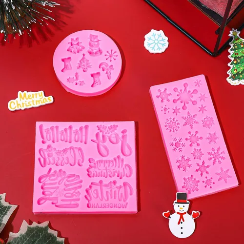 Miniatura 5 de Whaline 3 moldes de silicona para fondant de Feliz Navidad, diseño de copos de nieve rosados, con palabras bendecidas, alegría, acebo, Jolly