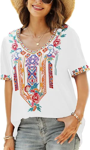 Miniatura 2 de AK Women's V Neck Casual Summer Blouse, Boho Embroidered Mexican Peasant Tops Short Sleeve Shirts Casual Blouse Loose Tunics