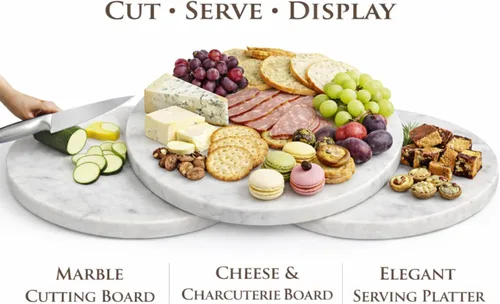Miniatura 5 de Bandeja de queso de mármol redonda multiusos Tabla de cortar. Blanca grande sólida con pies antideslizantes para estabilidad y protección contra