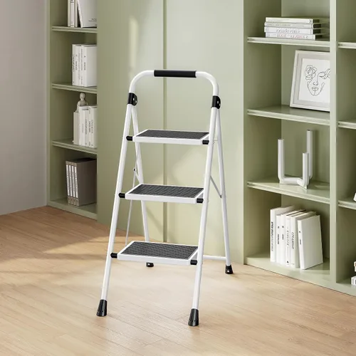 Miniatura 8 de KINGRACK Escalera plegable de 3 escalones con pedal antideslizante y ancho, portátil, plegable, alta y resistente con asa para el hogar, cocina