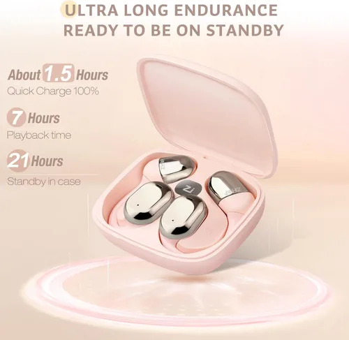 Miniatura 3 de ZIHNIC Auriculares de oreja abierta, comodidad durante todo el día, batería de 28 horas con uso prolongado, IPX5 impermeable, compatible con Rosa