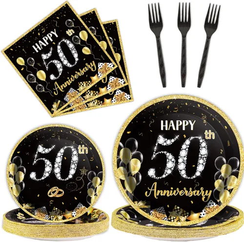 96 Piezas Platos de Papel Servilletas Tenedores para Fiesta de 50 Aniversario Empleado Carrera Boda 50 Aniversario Oro Negro Vajilla Desechable de