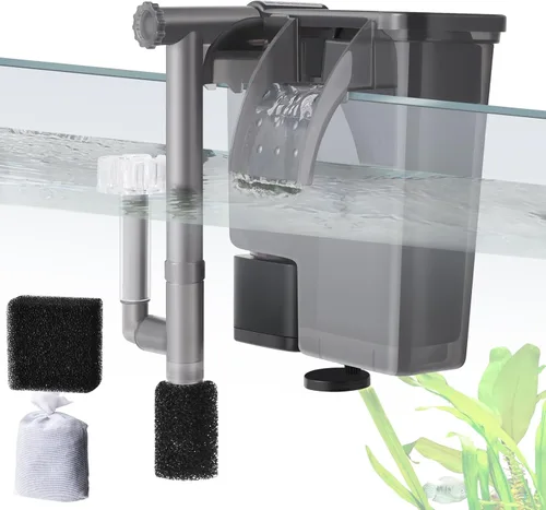 Miniatura 9 de Filtro de acuario para colgar de 5 W: filtro ultra silencioso para tanque de peces de 124 GPH con esponja de filtro y carbón activado, filtro
