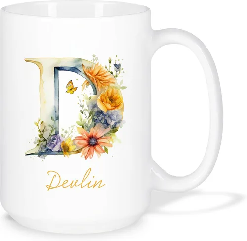 Miniatura 31 de Taza de café personalizada de la letra A del alfabeto, Taza de café blanca con nombre personalizado único, Taza inicial de monograma floral