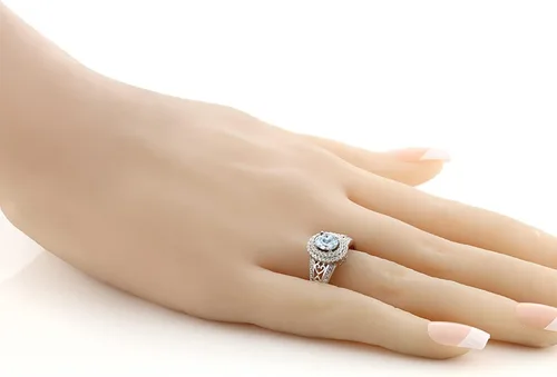 Miniatura 32 de Anillo de compromiso con halo de piedra preciosa y piedra natal en plata chapada en oro amarillo de 18 quilates, ovalado, 0.236 x 0.157 pulgadas