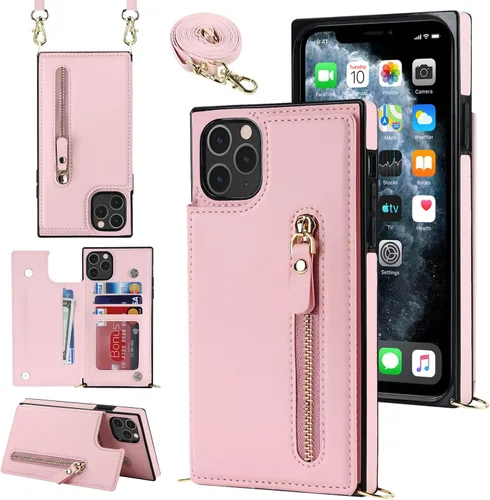 Miniatura 44 de Funda cruzada para teléfono iPhone 13 Pro Max de cuero con tarjetero, funda protectora extraíble, correa de cuero ajustable con botón, compatible