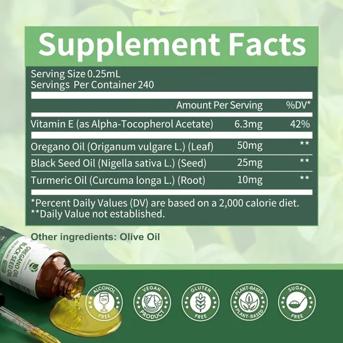 Miniatura 4 de Aceite de orégano con aceite de semilla negra, gotas de aceite de orégano 4 en 1 con aceite de cúrcuma y vitamina E, 80% Carvacrol, inmune