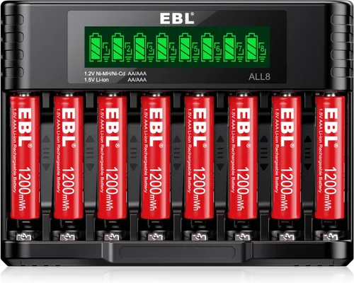 EBL Baterías recargables de litio AAA de 1200 mWh, paquete de 8 baterías triple A de 1.5 V de más de 1200 ciclos con cargador de batería universal