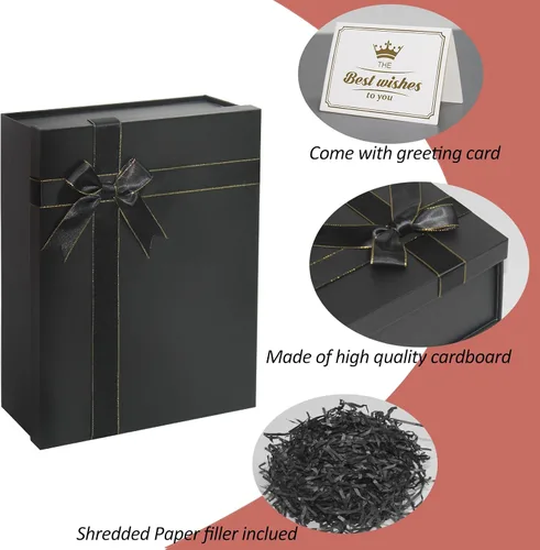 Miniatura 3 de Eerbaier Caja de regalo grande con tapa de 13 x 9.9 x 5 pulgadas, caja de regalo negra con fila de cinta, tarjeta y relleno de papel triturado, caja