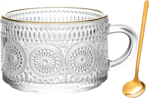 Taza de café de vidrio vintage, taza de vidrio transparente en relieve de 14 onzas con borde dorado, tazas de desayuno con cuchara dorada, vasos con