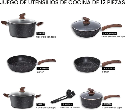 Miniatura 2 de MAISON ARTS Juego de ollas y sartenes antiadherentes, 12 piezas de granito negro de cocina compatibles con inducción, juegos de ollas y sartenes
