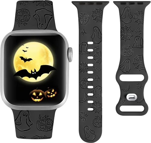 W-RARA Correa grabada de Halloween compatible con Apple Watch Band de 1.496 in 1.575 in 1.614 in 1.654 in 1.732 in 1.772 in 1.929 in para mujeres y