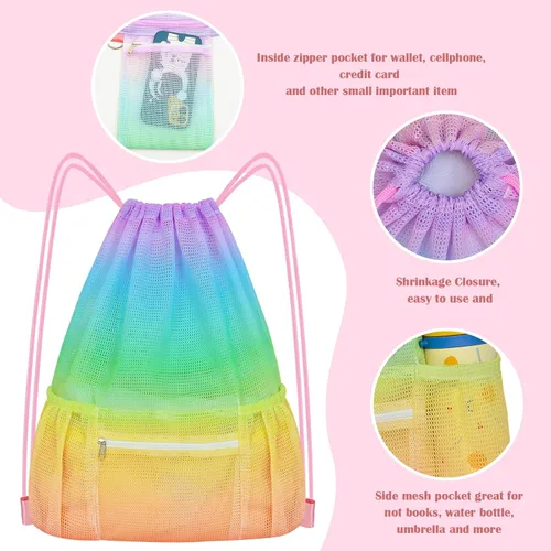 Miniatura 4 de Mochila de malla con cordón, bolsa de gimnasio deportiva grande para mujeres y niños con bolsillo y cremallera para playa, yoga, fútbol, fútbol, Con