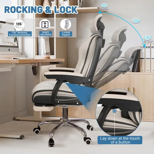 Miniatura 6 de Silla ejecutiva para computadora, silla de escritorio para oficina en casa, ángulo ajustable, ergonómica, de altura ajustable, sillas de piel Blanco