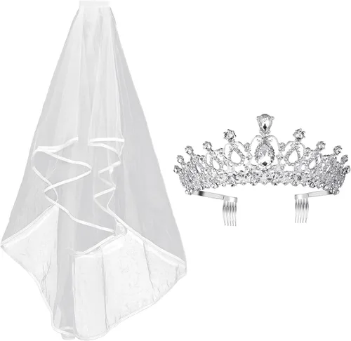 FRCOLOR Velo de corona de boda real con peine de cristal corona princesa tiara diadema de novia velo de novia de novia