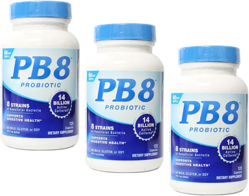 Probiótico PB8 - Paquete de 3 - 120 cápsulas por botella - Apoya la salud digestiva - 14 mil millones de UFC - 8 cepas beneficiosas - Sin leche,