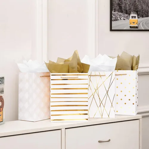 Miniatura 5 de Nihuecne Bolsas de regalo de 9" de tamaño mediano con papel de seda, paquete de 4 bolsas de regalo de papel de envoltura blanco dorado con asas