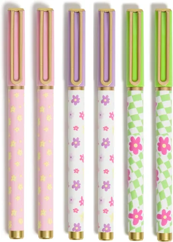 U Brands Catalina - Bolígrafos de punta de fieltro, juego de 6 bolígrafos de tinta de colores surtidos, cuadros florales de los años 70, punta