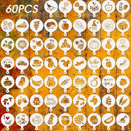 Honeydak 60 Pcs Christmas Stencils Crafts Reusable for Painting on Wood Coffee Cake Stencils Small 3.4X 2.6 inch for Holiday Ornament DIY(Fall Style)
