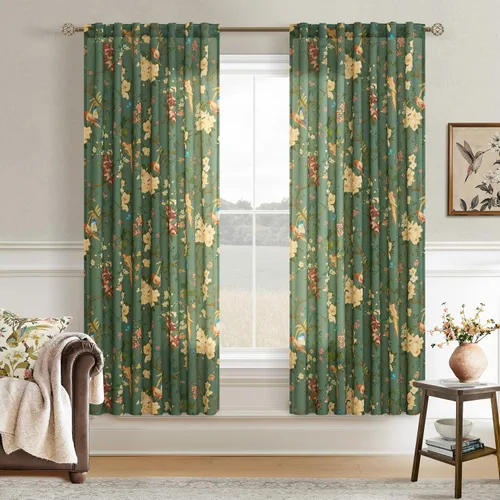 Miniatura 58 de Cortinas de lino florales azules y amarillas, estilo vintage, bohemio, de 63 pulgadas, 2 paneles con pestaña trasera para sala de estar